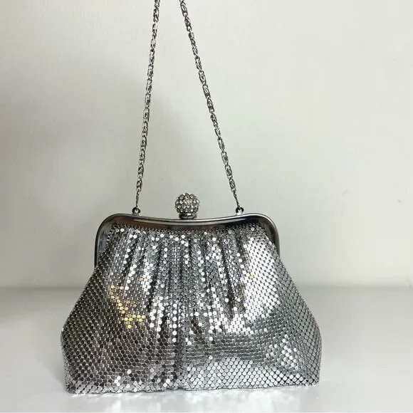 COPY - KATE LANDRY silver metallic mesh rhinestone evening purse formal event - Picture 2 of 15